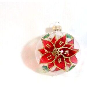 Blown Glass Bulb Ornaments Set of 4 Clear Ball Vintage Handpainted Poinsettias